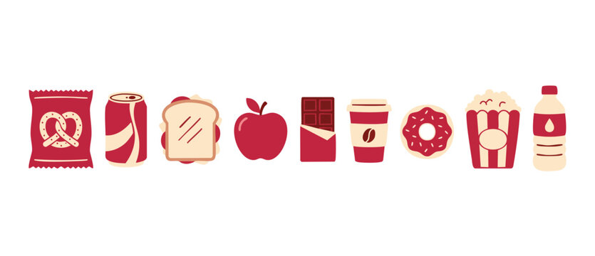 Snack and drink food icons set, flat vector illustrations of lunch items including soda, pretzel, sandwich, apple, chocolate, coffee cup, donut, popcorn, and water bottle for menu or website design.