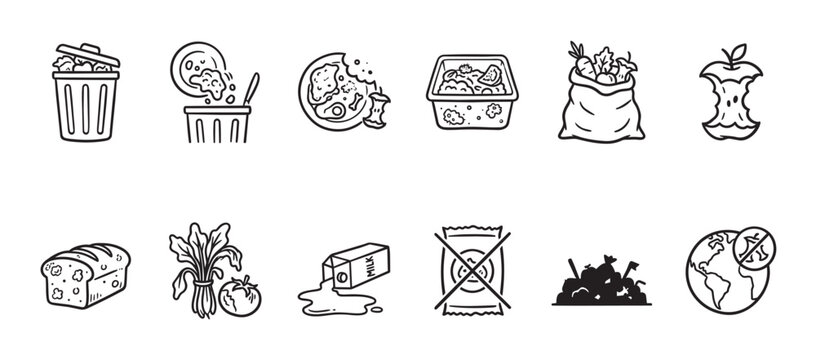 A collection of hand-drawn black and white icons representing different types of food waste, including a trash can, spoiled food, and uneaten meals, suitable for environmental topics.