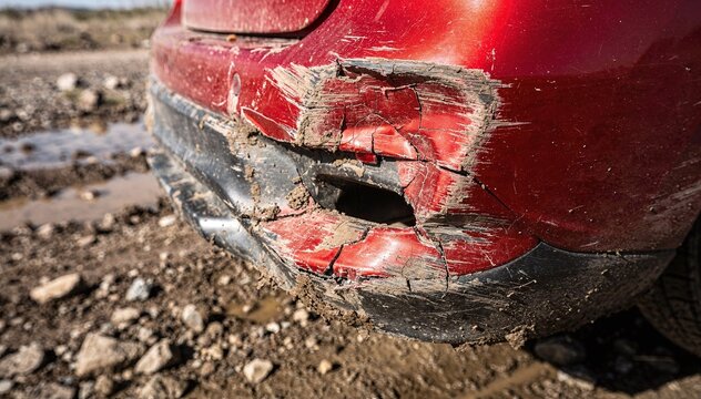 Close-up of a severely damaged, muddy red car bumper on a dirt road, showing significant impact, dents, scratches, and a hole, under bright daylight