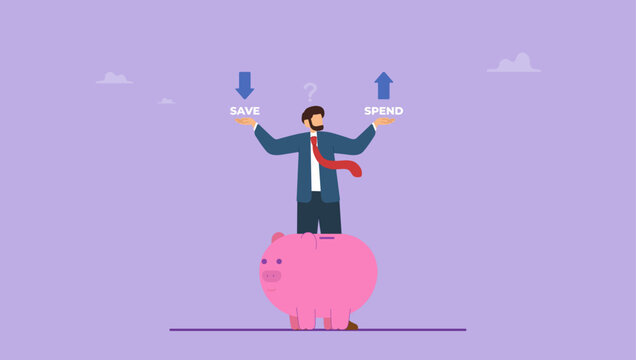 Businessman choose to save or spend money. Balancing save or spend choice, money decision, financial options when receive bonus or extra money, choose to invest or pay off debt.