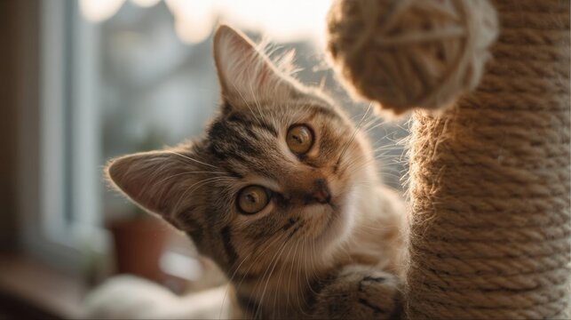 Close-up of a cat's face. the cat appears to be a tabby with brown and black stripes. it is looking up at the camera with a curious expression.