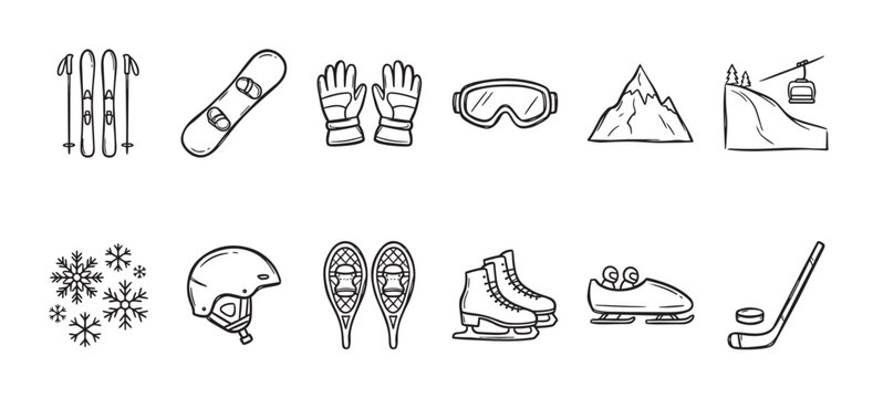 A charming collection of hand-drawn winter sports icons, featuring skis, snowboard, gloves, goggles, mountains, ski lift, snowflakes, helmet, snowshoes, ice skates, bobsled, and hockey gear.