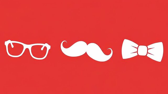 White set: sunglasses, mustache, bow tie on solid red background, bowtie outline