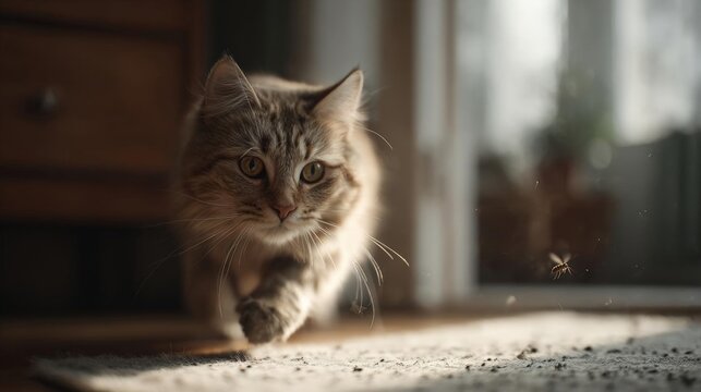 Close-up of a cat walking on a carpeted floor in front of a window. the cat is a tabby with gray and white fur and is looking directly at the camera with a curious expression.