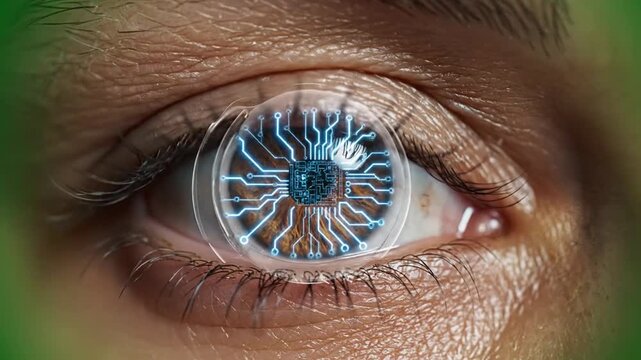 Close up of eye with contact lens.