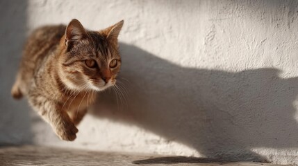 Fototapeta premium Close-up of a cat walking on a concrete surface. the cat is in mid-stride, with its body slightly turned to the side. its fur is a mix of brown and black stripes, and its eyes are a piercing yellow.