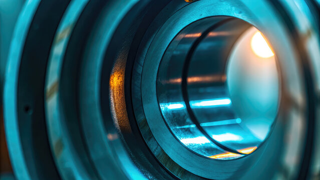 Close-up of camera lens aperture shift concept. Close-up view of a metallic industrial cylinder with vibrant light.