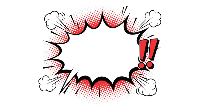 Comic book style explosive speech bubble with red dots, white smoke clouds, and double exclamation marks for dramatic impact and effect.
