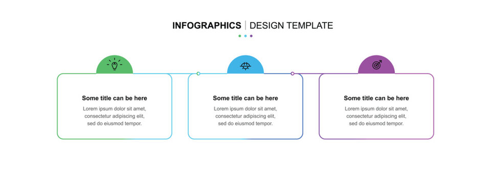 Minimalist three step process infographic design template with colorful headers and text boxes for business workflow and simple data sequence presentation.