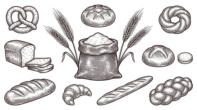 Bakery collection with bread flour sack and wheat stalks illustration.