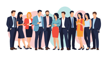Obraz premium Large group of professional business people standing together in stylish attire against a background of colorful abstract shapes.