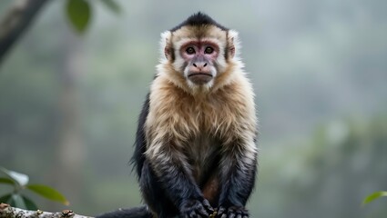 Fototapeta premium Capuchin monkey sitting on a branch in a misty rainforest