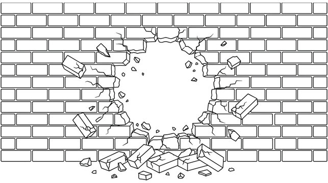 Broken brick wall with large round hole and scattered debris pattern.