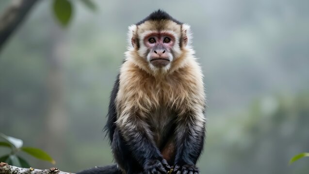 Capuchin monkey sitting on a branch in a misty rainforest