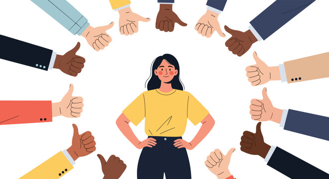 Proud woman standing confidently while surrounded by several diverse hands giving a thumbs up sign of approval.