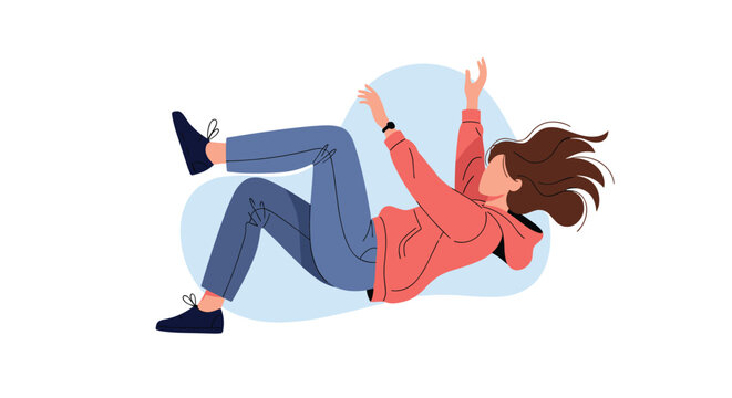 Flat vector illustration of a young female character falling backwards through the air with a shocked facial expression.