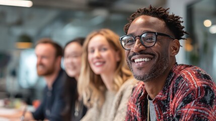 Fototapeta premium Close-up portrait of naturally diverse team sharing candid genuine moment in contemporary office environment representing authentic workplace diversity inclusion and real human connection concept