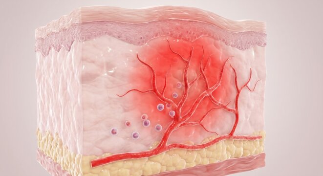 3D medical render of skin tissue inflammation and dilated vessels