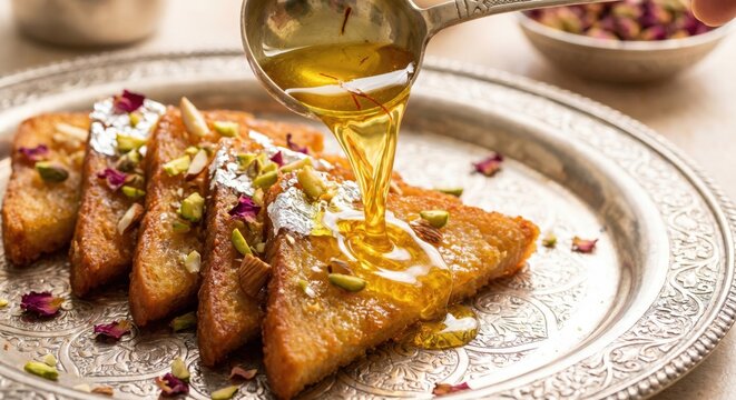 Saffron ghee drizzling over Shahi Tukda on silver platter