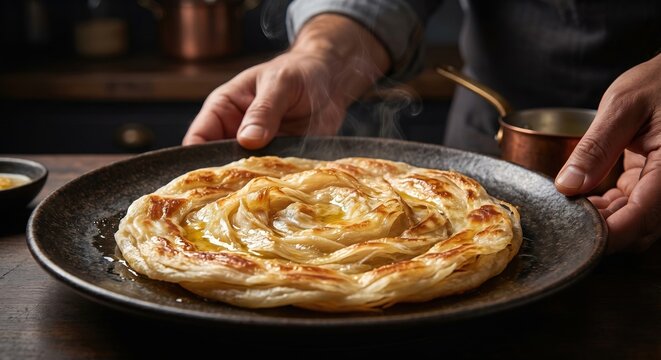 Chef hands crushing flaky Malabar Parotta with steam