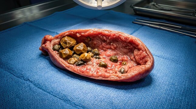 Human gallbladder displaying severe disease and numerous cholelithiasis, surgically removed specimen for anatomical pathology, blue sterile operating room environment