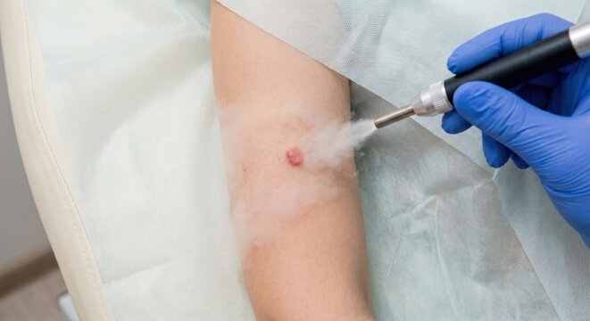 Dermatologist treating skin lesion with cryotherapy