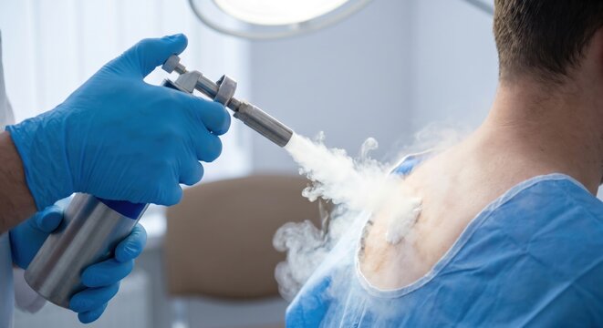 Dermatologist performing cryosurgery on patient's back