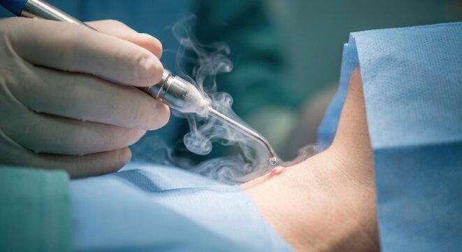 Dermatologist performing cryotherapy on patient's neck