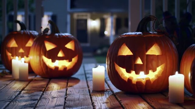 Lit pumpkins with candles on wooden surface exterior night scene