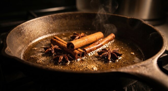 Cinnamon sticks and star anise sizzling in hot oil