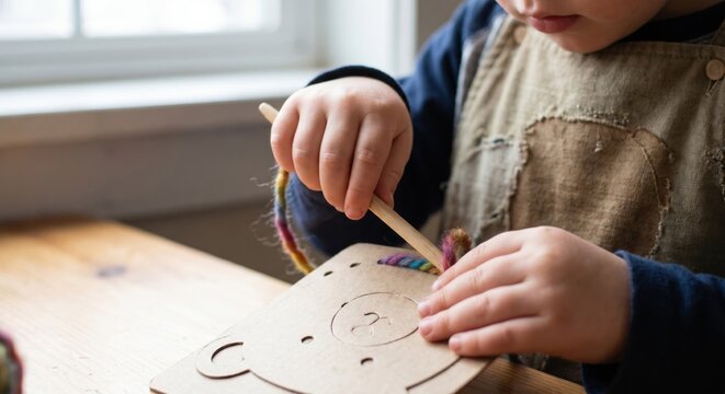 Child's hands stitching cardstock with wooden needle and yarn