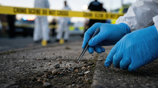 Forensic investigator in blue gloves collects evidence from the ground at a crime scene, with police tape and investigators visible in the background