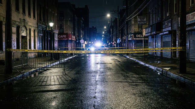 Police tape marking a crime scene on a wet urban street at night, with illuminated storefronts and a police vehicle's lights visible in the background