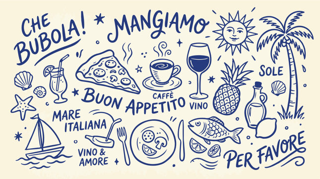 Colorful italian food and drink vector illustration with cheerful hand-drawn style