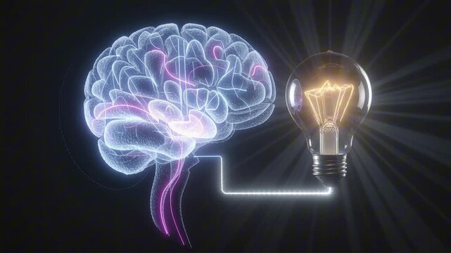 Pulses of light flow from a glowing neon brain hologram into a connected bulb icon with soft rays, illustrating creativity and learning.