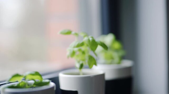 Fresh basil plants in ceramic pots on a sunny windowsill for indoor herb gardening and home decor, 4K