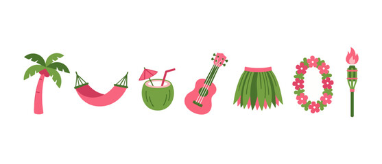 Tropical Hawaiian Vacation Elements Set, Summer Beach Icons Collection with Hula Skirt, Ukulele, Palm Tree and Coconut Drink for Travel Design Projects and Island Theme Celebration Party Decoration © Fernando