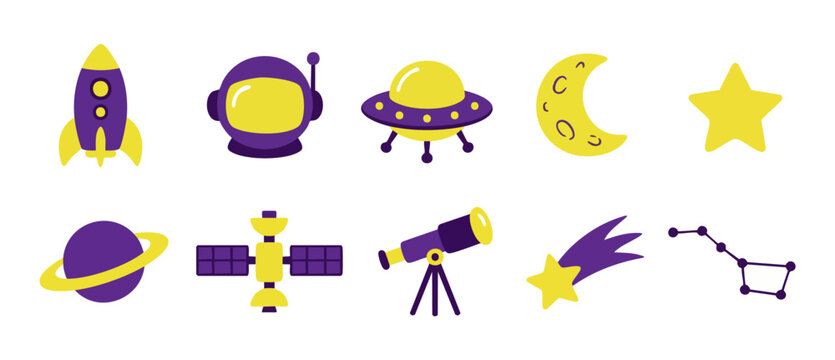 Space icons set, flat design collection of planets, rocket, ufo, astronaut helmet and stars. Galaxy exploration vector elements for kids, science education graphics isolated on white background clipar