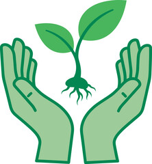 Obraz premium Stylized Green Hands Holding a Young Sapling with Two Leaves for Forestry Conservation and Environmental Awareness Campaigns