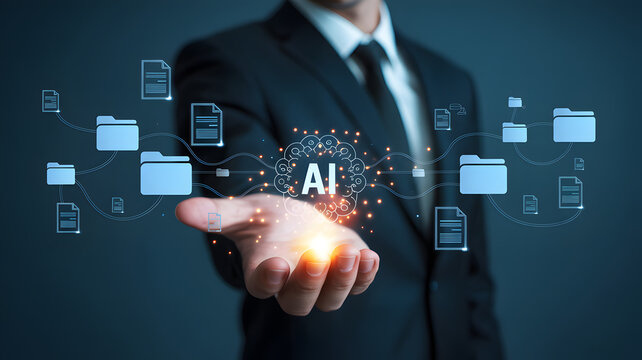 Businessman holding digital data flow with AI technology network in dark background