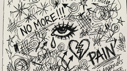 Fototapeta premium Hand-drawn emotional expression with eye, heart, and no more pain message