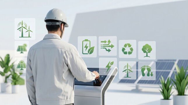 Engineer managing sustainable energy system using interactive touch screen with green icons for solar power, wind turbines, battery storage and recycling, smart grid monitoring
