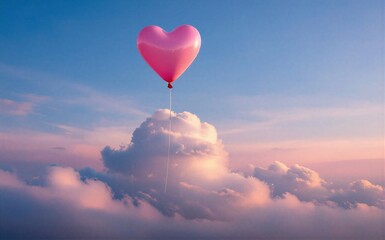 Fototapeta premium Pink heart balloon floats above fluffy clouds at sunset serene and