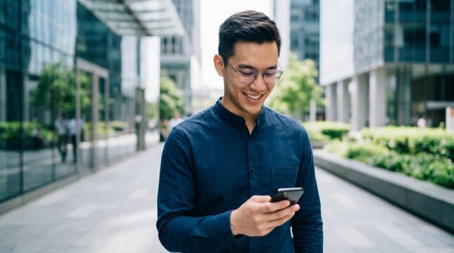 Happy young Hispanic business man manager using financial banking mobile apps on cell phone standing in city, professional businessman holding smartphone in hands looking at cellphone outdoor office.