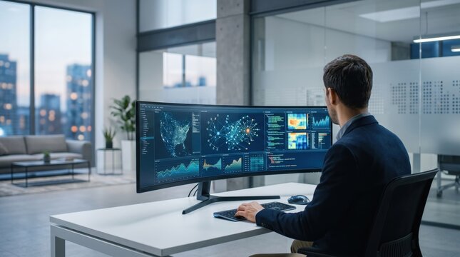 Financial analyst viewing global market data and trading charts on ultrawide monitor in modern office at night, analyzing stock trends, economic indicators, and investment