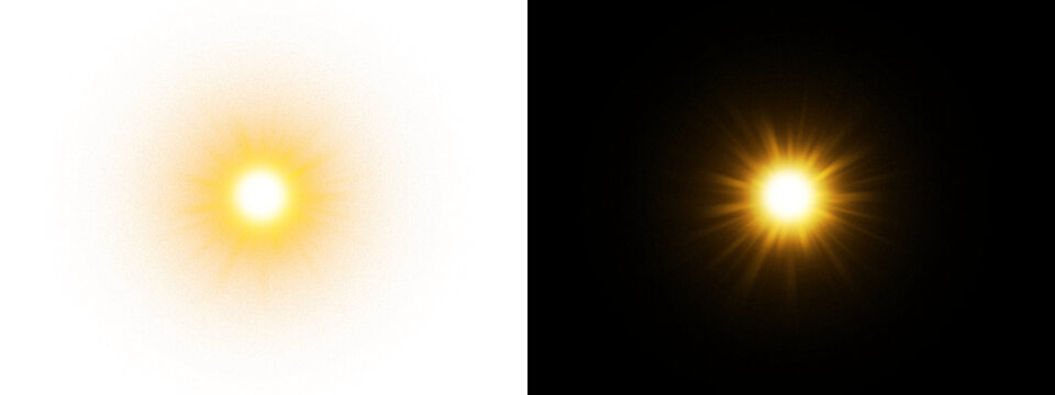 Transparent background featuring a bright golden sun flare with radial rays. This glowing starburst effect is perfect for creating warm and vibrant digital designs.
