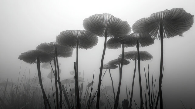 Amanita muscaria mushrooms in forest fog concept. Elegant silhouettes of mushrooms in soft foggy atmosphere.