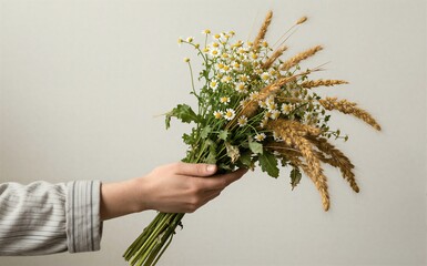 Fototapeta premium Hand holds wildflowers and wheat rustic charm against soft beige