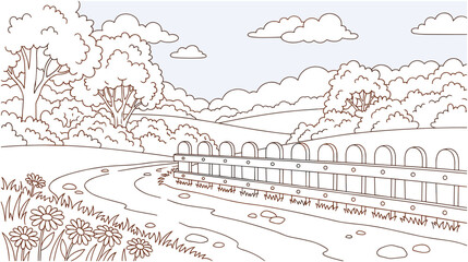 Fototapeta premium Landscape drawing featuring rolling hills with trees clouds and farm fence.