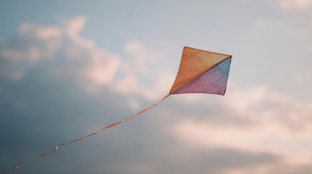 Kite flying in the sky. the kite is in the shape of a triangle with a triangular base and a triangular tail. the tail is long and thin, and it is attached to the kite with a string.